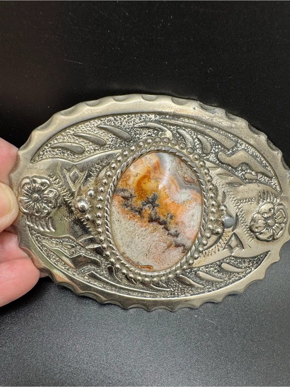 Ornate Oval Western Belt Buckle with Agate Stone